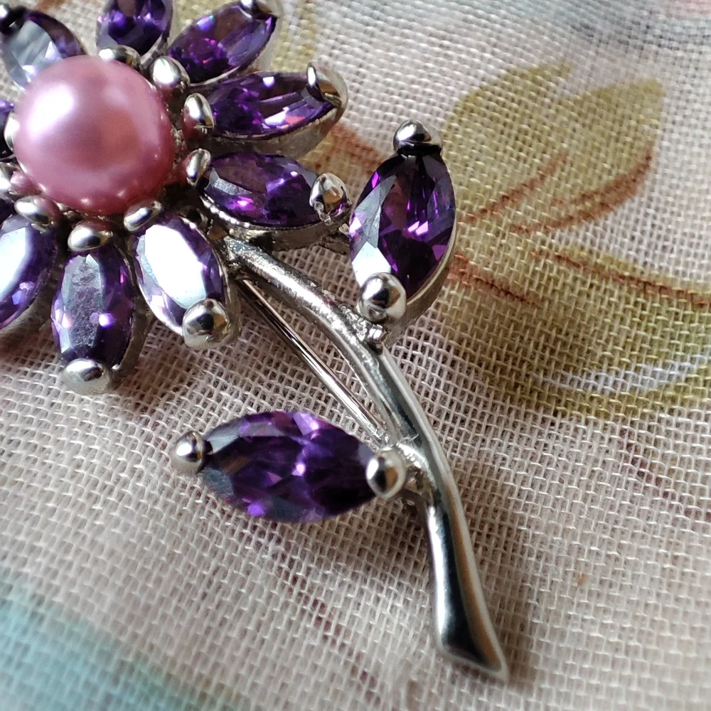 Amethyst Cubic Zirconia Purple Faux Pink Pearl Pin Brooch NEW